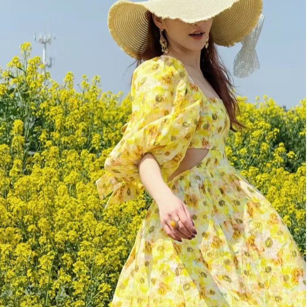 Floral 印花亚麻中长裙