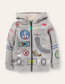 Shaggy-lined Applique Hoodie - Grey Marl Astronaut | Boden US