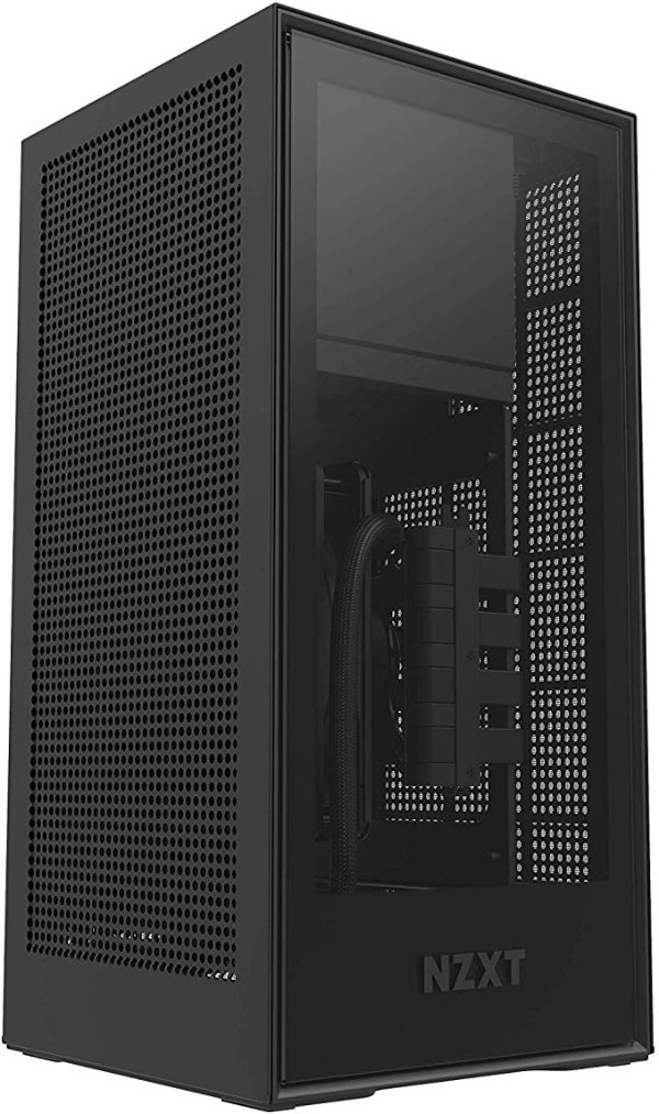 H1 - Small Form-Factor ITX Case - Dual Chamber Airfllow - Tinted Tempered Glass Front Panel - Integrated 650W 80+ Gold PSU, 140mm AIO Watercooler, and PCIe 3.0 High-Speed Riser Card - Black