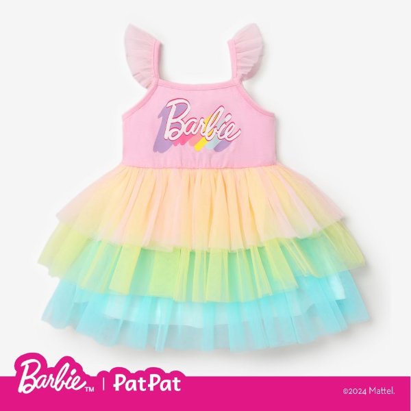 Barbie 1pc Baby/Toddler Girls Letter Gradient Rainbow Mesh Ruffled Dress