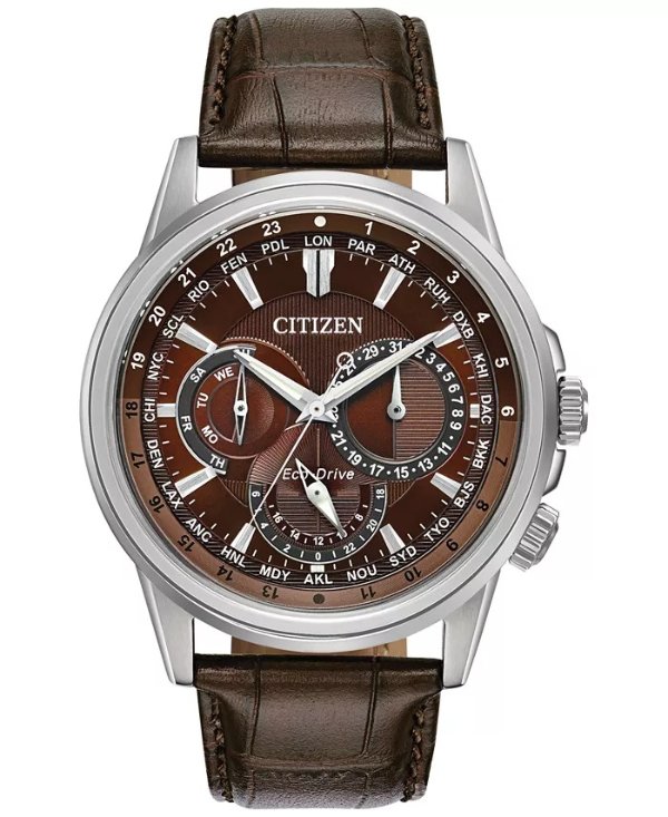 Eco-Drive Men's Calendrier Brown Leather Strap Watch 44mm