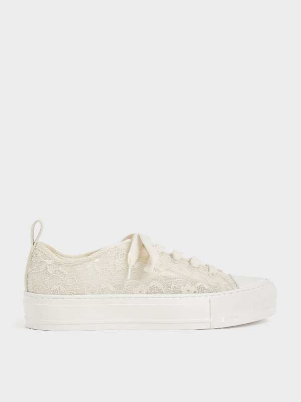 Cream Lace Low-Top Sneakers | CHARLES &amp; KEITH