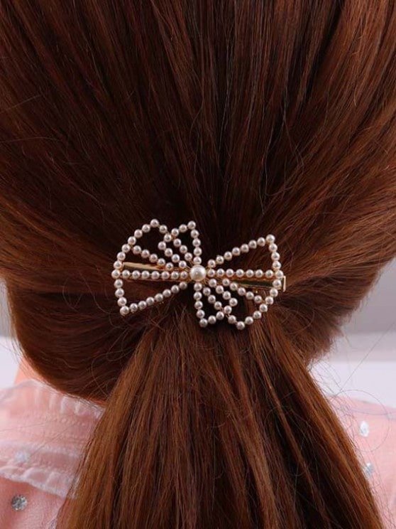 Bowknot-Shaped Faux Pearl Embellished Hair Clip GOLDEN SILVER