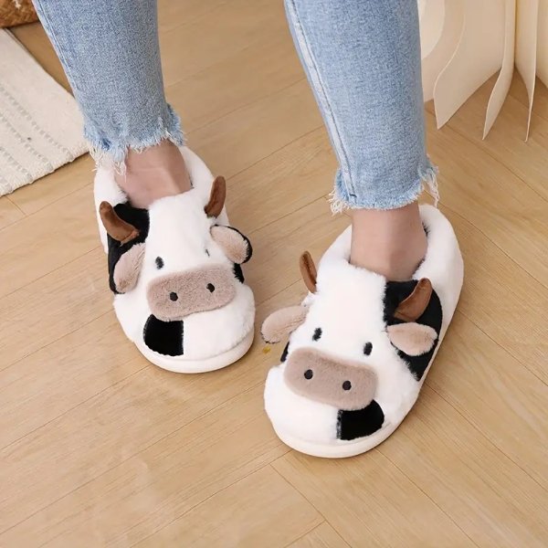 Women's Cow Plush Novelty Slippers, Kawai Closed Toe Warm & Cozy Fluffy Shoes, Indoor Mute Bedroom Slippers