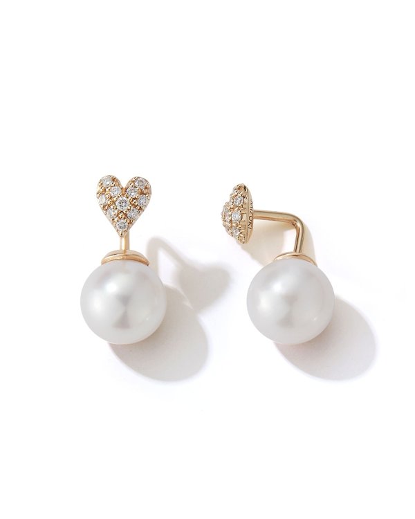 14k Gold Diamond Heart Akoya Pearl Earrings