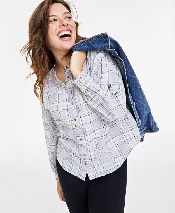 Women's Plaid Pleated-Sleeve Shirt, Created for Macy's