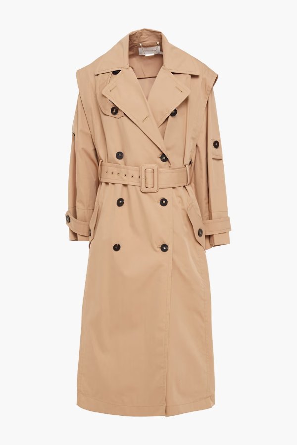 Belted pleated cotton-blend twill trench coat