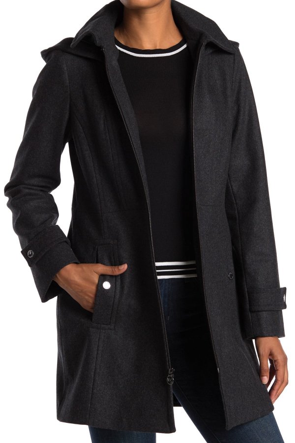 Zip Front Wool Blend Hooded Coat