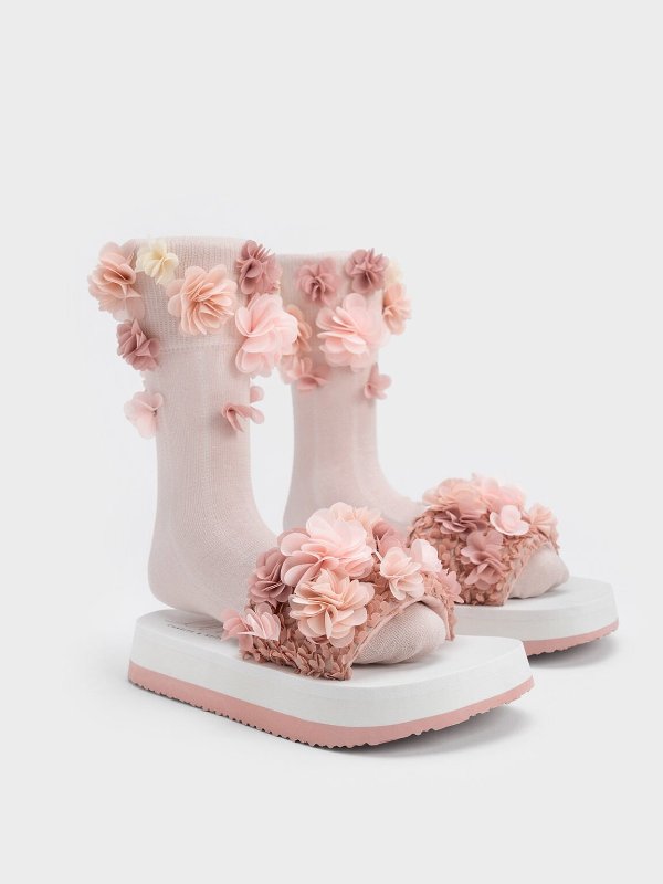 Blush Floral Mesh Flatform Sandals | CHARLES & KEITH