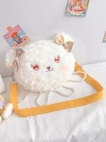 Girls Faux Pearl & Bow Decor Fluffy Novelty Bag