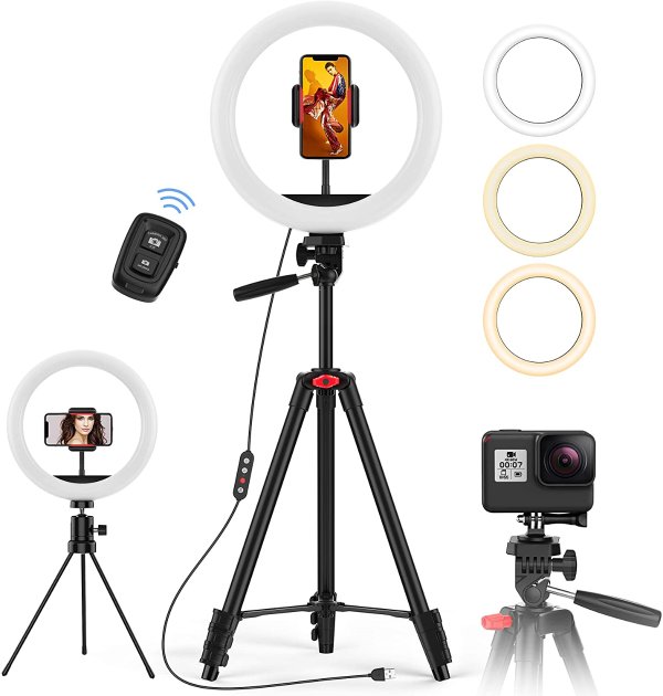 10.2" Ring Light with 50” Tripod Stand and Phone Holder, Jecoo Selfie Ring Light