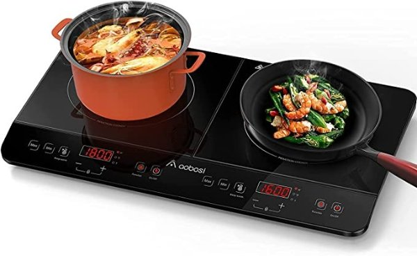 Aobosi Induction Burner Portable Double Induction Cooktop 1800W with Sensor Touch Control Black Crystal Glass Surface Multiple Power Settings Timer Max/Min Function Safety Lock 2 burners