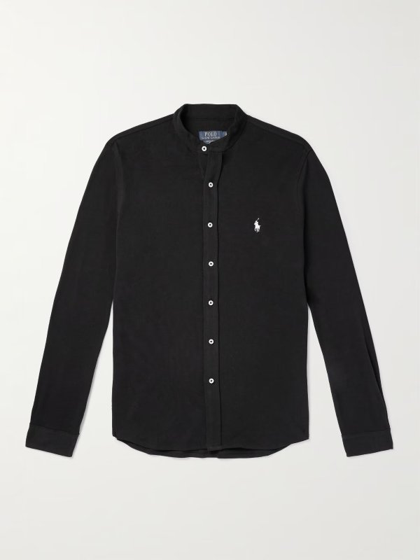 Logo-Embroidered Grandad-Collar Cotton-Jersey Shirt