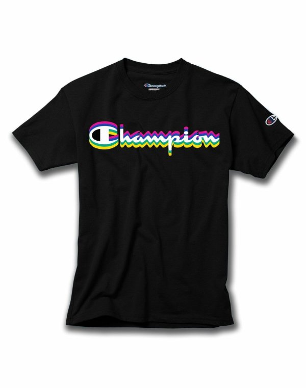 Champion Kids Cotton Tee T-Shirt Black Rainbow Script Logo Short Sleeve Cotton