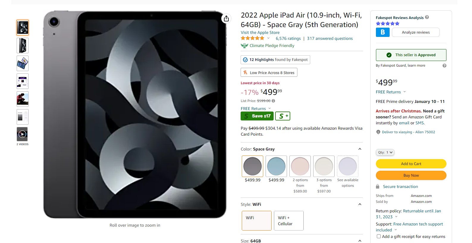Amazon.com: 2022 Apple iPad Air (10.9-inch, Wi-Fi, 64GB) - Space Gray (5th Generation)  苹果