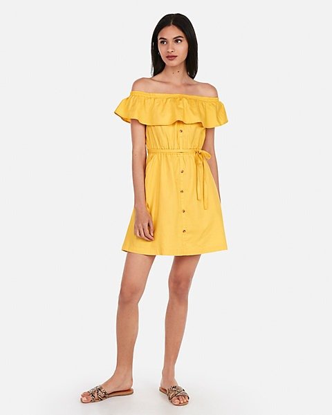 Off The Shoulder Button Front Ruffle Dress
