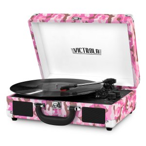 Victrola Bluetooth Portable Suitcase Record Player with 3-speed Turntable, Pink Camo