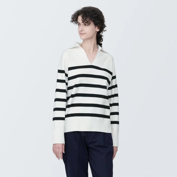 Women's Washable Milano Rib Knit Striped Skipper Polo Sweater