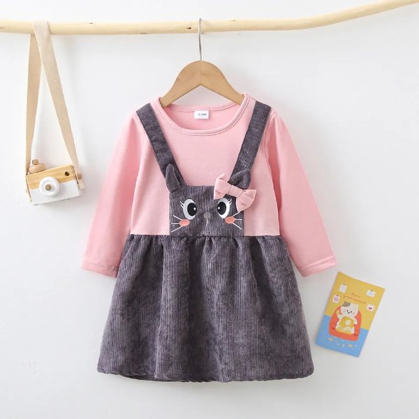 Toddler Girl Cat Pattern Bowknot Design Faux-two Long-sleeve Dress