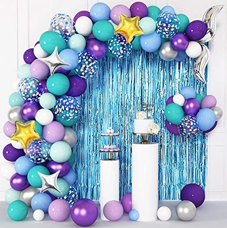 Mermaid Balloon Garland Kit Mermaid Party Decorations, 12''10''5'' Purple Green Confetti Latex Tail Arch Balloons with Foil Fringe Curtain for Girls Mermaid Birthday Party Supplies Decorations