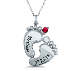 Personalized Mother’s Birthstone Baby Feet Pendant in Sterling Silver