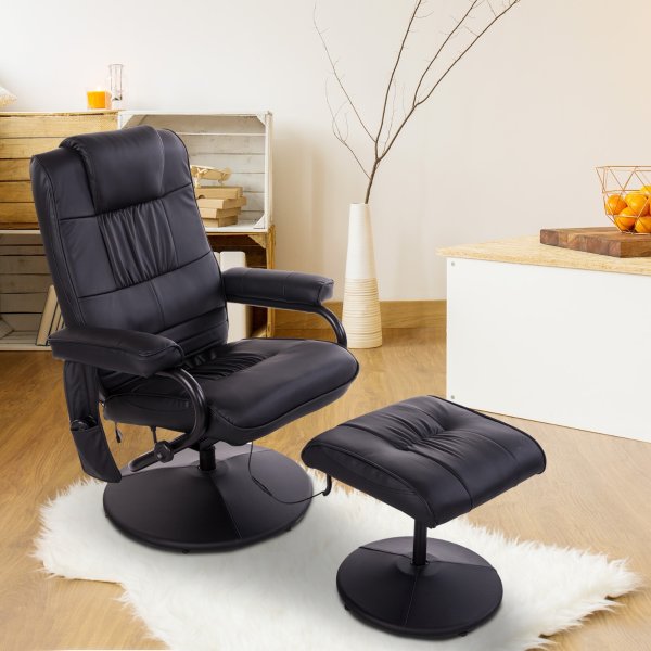 HOMCOM Massaging PU Leather Recliner and Ottoman with Leather Wrapped Base - Black, Massage Furniture | Aosom