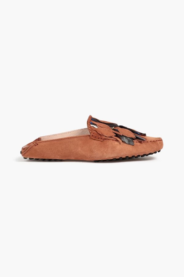 Fringed suede collapsible-heel loafers