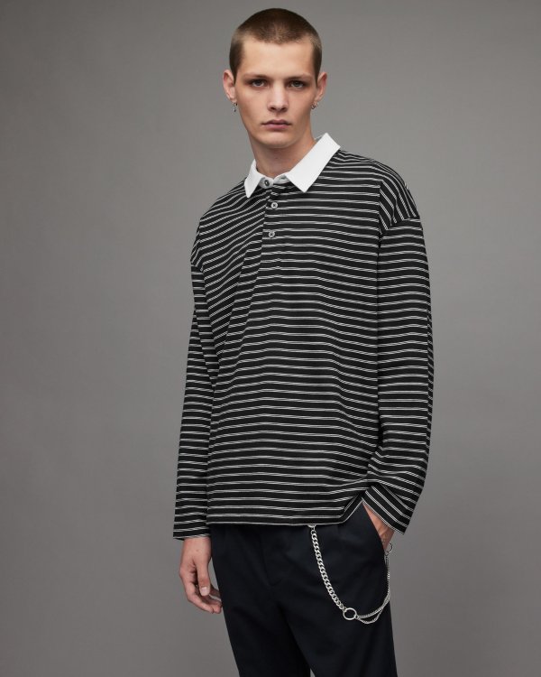 Ave Long Sleeve Striped Polo Shirt JET BLK/CHALK WHT | ALLSAINTS US
