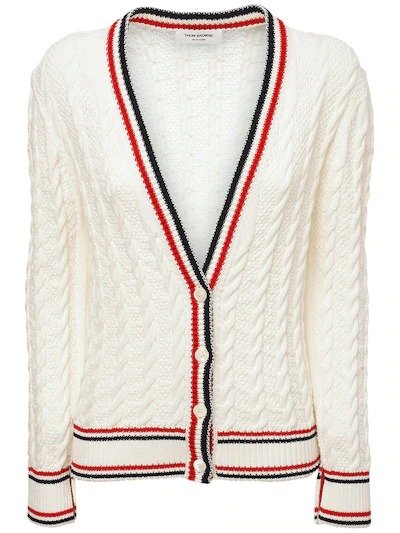 RIBBED COTTON CABLE KNIT V NECK CARDIGAN