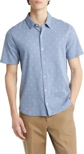 Micro Dot Short Sleeve Cotton Knit Button-Up Shirt