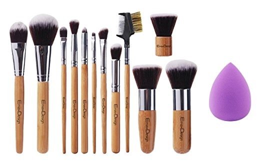 12+1 Pieces Makeup Brush Set, 12 Pieces Professional Bamboo Handle Foundation Blending Blush Eye Face Liquid Powder Cream Cosmetics Brushes & 1 Piece purple Beauty Sponge Blender