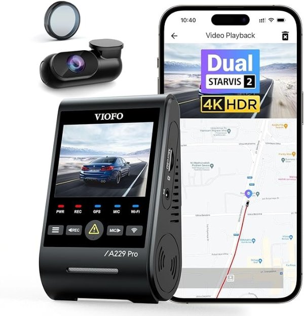 VIOFO A229 Pro 4K HDR Dash Cam, Dual STARVIS 2 IMX678 IMX675, 4K+2K Front and Rear Car Camera, 2 Channel with HDR, Voice Control, 5GHz WiFi GPS, Night Vision 2.0, 24H Parking Mode, Support 512GB Max