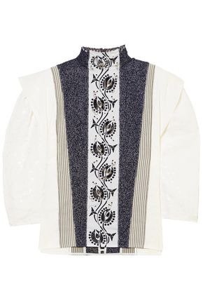 Embellished embroidered linen, tweed and canvas blouse