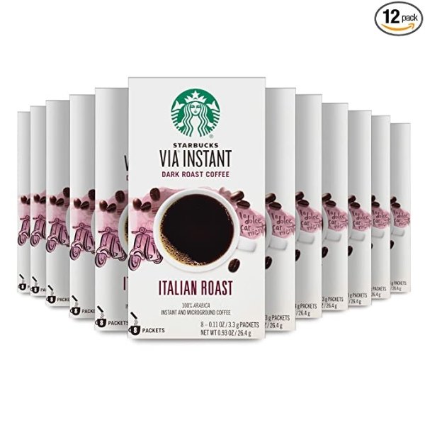 VIA Instant Coffee Dark Roast Packets — Italian Roast — 100% Arabica - 8 Count (Pack of 12)