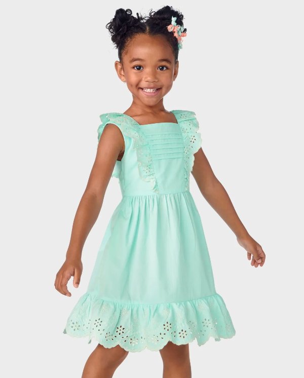 Girls Mommy And Me Pintuck Eyelet Ruffle Dress - Signs of Spring - blue coral