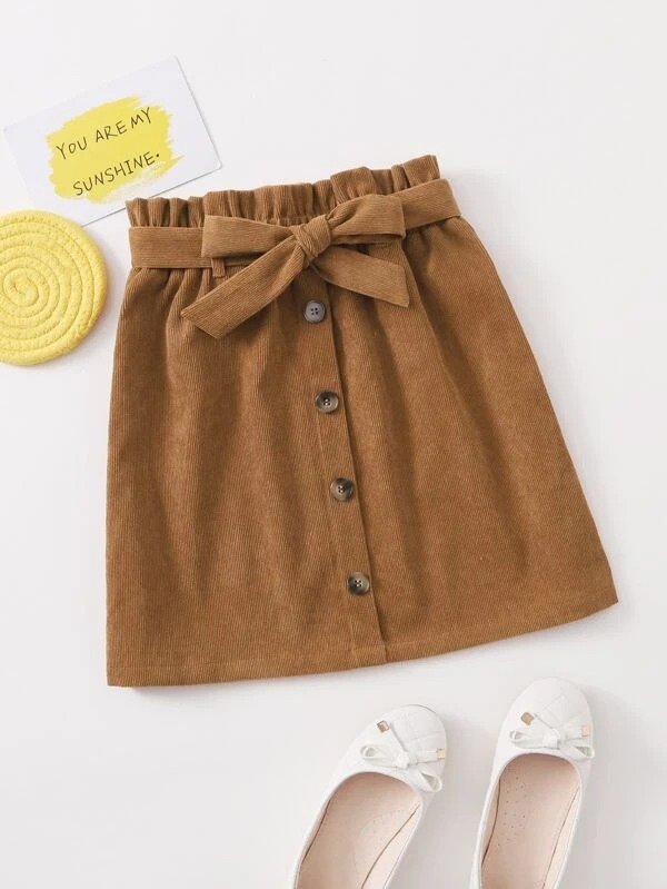 Girls Paperbag Waist Belted Button Front Skirt