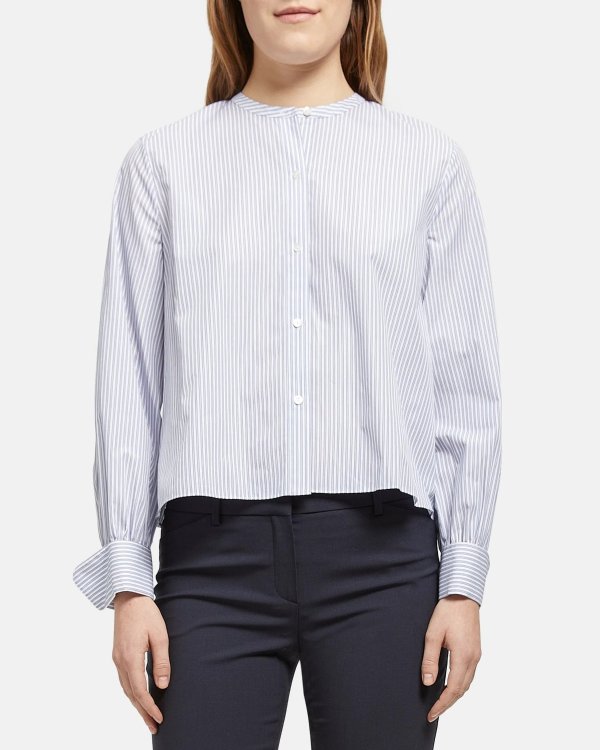 Collarless Shirt in Striped Cotton