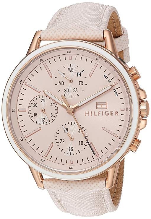Women's Casual Sport Gold Quartz Watch with Leather Calfskin Strap, Pink, 17 (Model: 1781789)