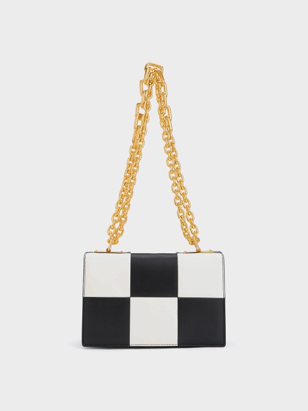 Multicoloured Georgette Chain Handle Checkered Bag | CHARLES & KEITH