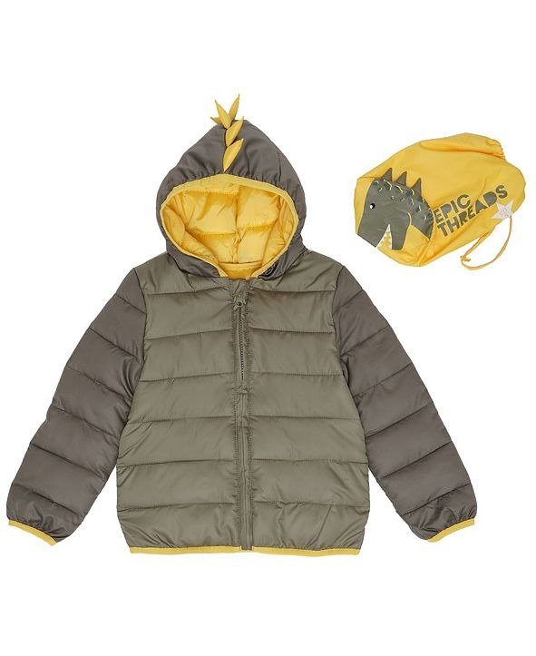Toddler Boys Dinosaur Hooded Full Zip Packable Jacket with Matching Bag
