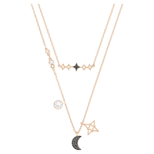 Symbolic layered necklace, Set (2), Moon and star, Black, Rose-gold tone plated by