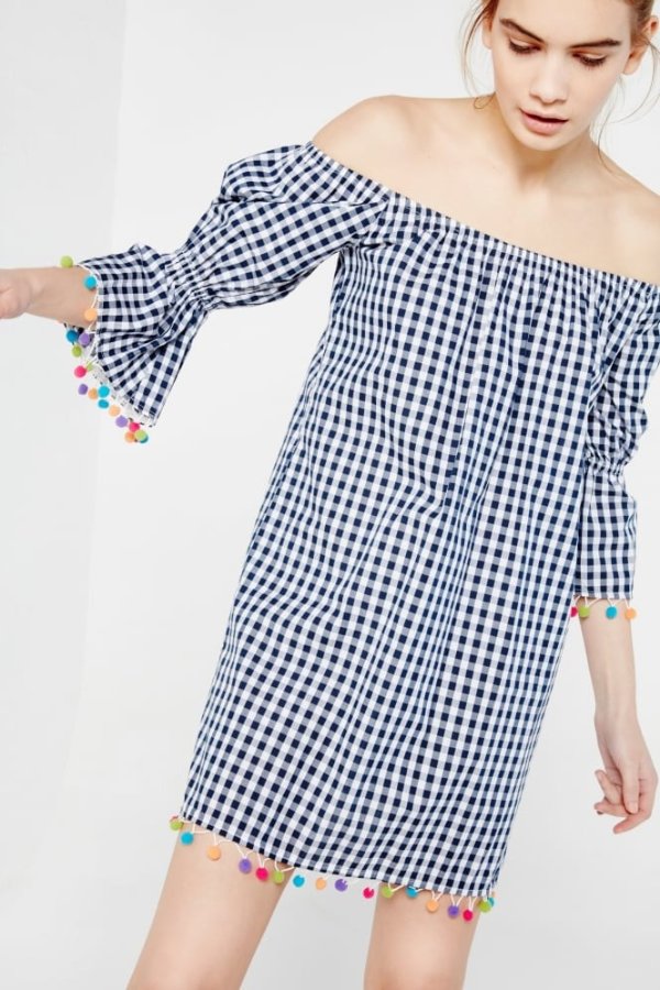 Hot & Delicious Checked Off-The-Shoulder Mini With Pom Pom Detail