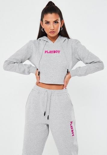 - Playboy xGray Fitted Cropped Hoodie