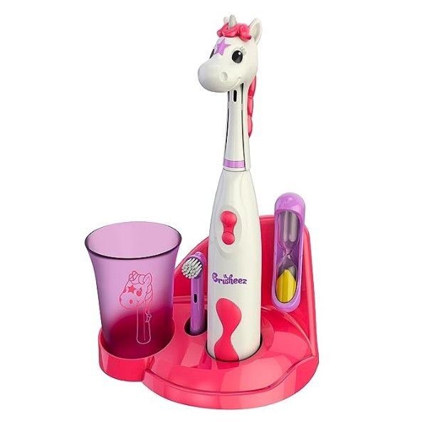 Kid's Electric Toothbrush Set - Sparkle the Unicorn - New & Improved with Softer Bristles, Easy-Press Power Button, 2 Brush Heads, Cute Animal Cover, Sand Timer, Rinse Cup & Storage Base