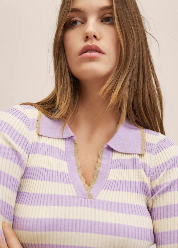 奶油紫条纹polo衫