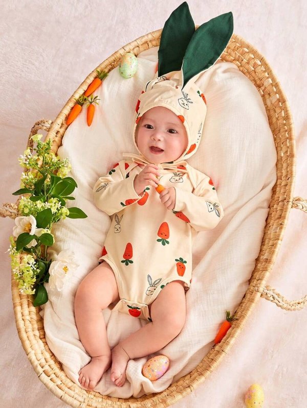 Cute Rabbit & Carrot Pattern Round Neck Long Sleeve Romper With Hat Set For Newborn Baby Girl
