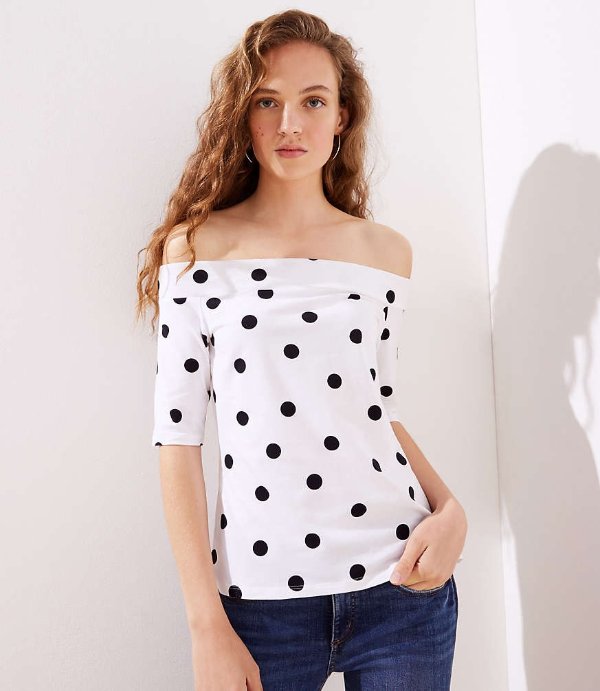 Dotted Elbow Sleeve Off The Shoulder Tee | LOFT