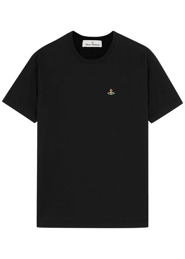 Black orb-embroidered cotton T-shirt
