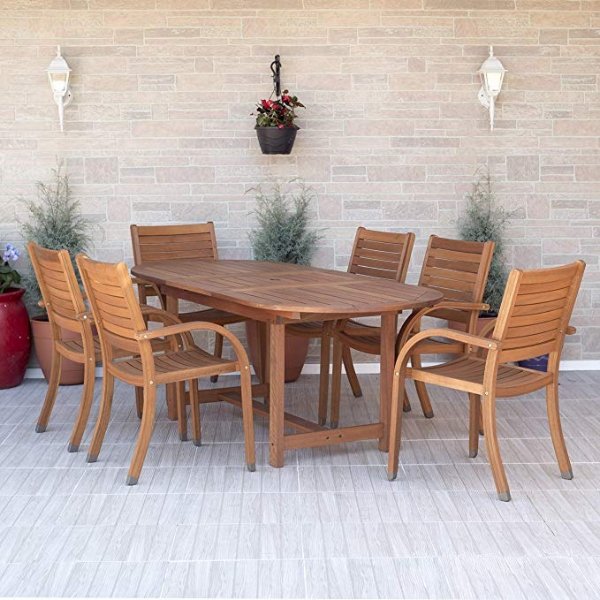 Amazonia Arizona 7 Piece Oval Outdoor Extendable Dining Set |Super quality Eucalyptus Wood| Durable and ideal for patio and backayard