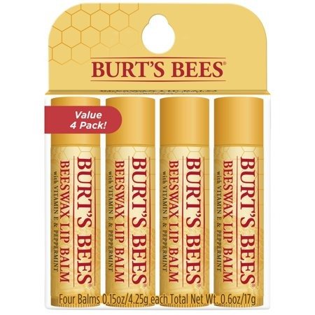 100% Natural Moisturizing Lip Balm, Original Beeswax with Vitamin E & Peppermint Oil - 4 Tubes